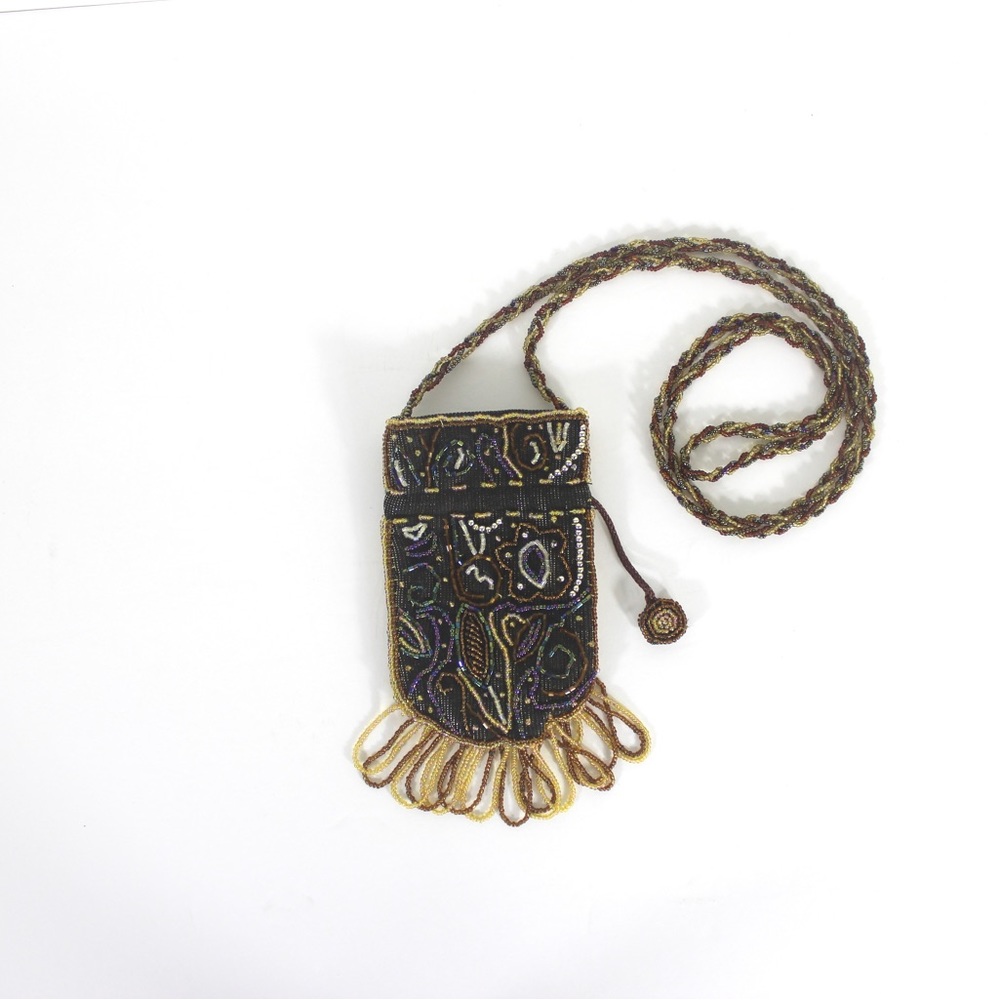 Small Vintage Beaded Crossbody Bag with Fringe, Card Holder Glasses Pouch